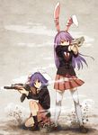  aiming ak-47 animal_ears assault_rifle black_legwear bunny_ears full_body gun jacket kneehighs long_hair long_sleeves lunatic_gun miniskirt multiple_girls necktie purple_hair red_eyes reisen reisen_udongein_inaba rifle serious shirt shoes short_hair skirt squatting thighhighs touhou urin weapon white_legwear zettai_ryouiki 