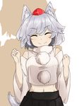  animal_ears bare_shoulders blush clenched_hands closed_eyes closed_mouth eyebrows_visible_through_hair facing_viewer fang fang_out hat highres inubashiri_momiji long_sleeves midriff navel pom_pom_(clothes) simple_background smile solo tail tokin_hat touhou turtleneck tyouseki white_hair wolf_ears wolf_tail 