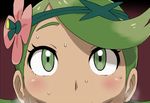  blush close-up dark_skin flower green_eyes green_hair hair_flower hair_ornament implied_fellatio looking_at_viewer mao_(pokemon) out-of-frame_censoring parumezan pokemon pokemon_(game) pokemon_sm solo sweat 