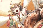  :d ahoge bird brown_hair chicken closed_eyes colored_pencil_(medium) cup detached_sleeves drinking_glass flower food japanese_clothes kantai_collection kongou_(kantai_collection) long_hair open_mouth outstretched_arms smile solo tesun_(g_noh) traditional_media wine_glass 