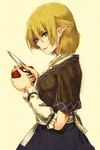  apple arm_warmers blonde_hair blue_skirt breasts brown_shirt food from_side fruit green_eyes half_updo holding holding_food holding_fruit knife medium_breasts mizuhashi_parsee pointy_ears sash scarf shirt simple_background skirt solo touhou upper_body urin white_scarf 