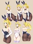  animal_ears ass ayase_eli bare_shoulders beige_background bent_over black_footwear black_legwear black_leotard black_neckwear blonde_hair blue_eyes blush bow bowtie breast_hold breasts bunny_ears bunnysuit cleavage commentary cropped_legs detached_collar elbow_gloves fake_animal_ears from_behind gloves highleg highleg_leotard highres kurokawa_makoto large_breasts leaning_forward leotard long_hair looking_at_viewer love_live! love_live!_school_idol_project multiple_views one_eye_closed open_mouth pantyhose shiny shiny_clothes shoes simple_background sitting smile thigh_gap thighhighs white_gloves white_legwear white_leotard 