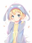  3: animal_hood aqua_eyes bangs bed_sheet blonde_hair blunt_bangs blush bunny_hood character_hood closed_mouth commentary_request flat_chest flying_sweatdrops gochuumon_wa_usagi_desu_ka? grey_hoodie grey_jacket hair_bobbles hair_ornament hand_on_own_cheek hood hooded_jacket jacket kirima_sharo long_sleeves looking_at_viewer loungewear low_twintails nagomi_yayado petals pom_pom_(clothes) shirt short_hair short_twintails sitting solo twintails upper_body white_background wild_geese yellow_shirt 