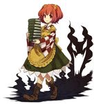  apron bell book book_stack boots character_name checkered cross-laced_footwear full_body hair_bell hair_ornament holding holding_book japanese_clothes lace-up_boots long_sleeves looking_at_viewer motoori_kosuzu ominous_shadow red_eyes red_hair shirt short_hair simple_background smile solo touhou two_side_up urin white_background wide_sleeves 