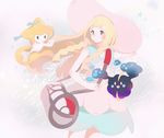  bangs blonde_hair blunt_bangs braid collared_dress cosmog dress duffel_bag gen_3_pokemon gen_7_pokemon green_eyes hand_on_headwear hat highres jirachi lillie_(pokemon) long_hair poke_ball_theme pokemon pokemon_(creature) pokemon_(game) pokemon_sm shakemi_(sake_mgmgmg) sleeveless sleeveless_dress sun_hat sundress surprised twin_braids white_dress white_hat 