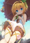  :o bangs bare_arms blonde_hair blue_eyes blurry blurry_background blush brown_gloves commentary_request day dress edna_(tales) eyebrows_visible_through_hair flower from_below gloves green_ribbon groin hair_ribbon hairband head_tilt highres holding holding_umbrella knees_together_feet_apart leg_ribbon looking_at_viewer looking_down natsuki_marina no_panties normin_(tales) outdoors parasol parted_lips ribbon short_hair side_ponytail single_glove sky sleeveless sleeveless_dress solo standing strap_slip tales_of_(series) tales_of_zestiria umbrella wrist_ribbon 
