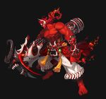  abs barefoot battering_ram black_background fang fire full_body male_focus mask muscle oni oni_horns original red_skin solo spiked_gauntlets tassel vasabello_(nok) 