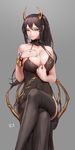  antlers arm_guards armlet bangs bare_arms bare_shoulders black_dress blush breasts brown_hair closed_mouth collarbone crossed_legs dress dungeon_and_fighter female_slayer_(dungeon_and_fighter) foreshortening green_eyes half-closed_eyes hand_on_own_chest highres large_breasts long_hair looking_at_viewer monaim ponytail seductive_smile shiny shiny_skin side_slit sidelocks sleeveless sleeveless_dress smile solo spaghetti_strap teasing thighhighs tsurime 