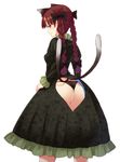  animal_ears ass ass_cutout black_panties blush bow braid cat_ears cat_tail dress extra_ears floral_print from_behind hair_bow hair_ornament heart_cutout kaenbyou_rin long_hair long_sleeves looking_at_viewer looking_back multiple_tails panties pointy_ears profile puffy_sleeves red_eyes red_hair simple_background smile solo tail thong touhou twin_braids underwear urin white_background 