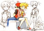  baseball_cap breasts cup denim denim_shorts green_eyes gym_leader hat holding holding_cup jacket kasumi_(pokemon) orange_hair partially_colored poke_ball poke_ball_(generic) pokemon pokemon_(anime) pokemon_(classic_anime) pokemon_(creature) pokemon_(game) pokemon_special red_(pokemon) sei_jun short_hair shorts side_ponytail small_breasts suspenders 