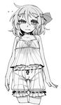  bangs bare_arms bloomers blush bow closed_mouth cowboy_shot cropped_legs eyebrows_visible_through_hair greyscale hair_between_eyes hair_bow hair_ornament hairclip looking_at_viewer monochrome navel rumia shamo_(koumakantv) short_hair simple_background slit_pupils solo touhou underwear white_background 