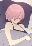  alternate_costume bare_shoulders bed_sheet blanket blush breasts camisole cleavage closed_mouth collarbone eyebrows_visible_through_hair fate/grand_order fate_(series) hair_over_one_eye lying mash_kyrielight medium_breasts on_back pillow pink_hair short_hair sleeping sleeveless sohin solo spaghetti_strap upper_body 