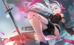  android bare_shoulders between_legs black_gloves blurry blurry_background breasts cglas elbow_gloves gloves lips long_hair looking_to_the_side medium_breasts mole mole_under_mouth nier_(series) nier_automata solo sword torn_clothes weapon white_hair yorha_type_a_no._2 