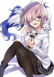  :d alternate_costume ankle_boots antenna_hair black-framed_eyewear black_footwear black_legwear black_skirt blush boots casual commentary creature_on_shoulder duffel_coat eyebrows_visible_through_hair fate/grand_order fate_(series) fou_(fate/grand_order) glasses hair_over_one_eye hand_on_own_chest kakao_rantan knees_together_feet_apart knees_up long_sleeves looking_at_viewer mash_kyrielight miniskirt open_mouth pantyhose pink_hair plaid plaid_skirt purple_eyes short_hair simple_background sitting skirt smile white_background white_coat 