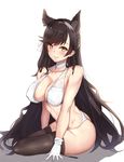  animal_ears atago_(azur_lane) azur_lane bad_anatomy bangs bikini black_legwear blush breasts brown_hair choker cleavage closed_mouth commentary_request extra_ears from_side gloves half_updo highres large_breasts long_hair looking_at_viewer mole mole_under_eye simple_background sitting smile solo swept_bangs swimsuit thighhighs thong untsue very_long_hair white_bikini white_gloves yellow_eyes yokozuwari 