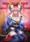  animal_ears blue_legwear blush breasts brown_eyes chizza cleavage eyebrows facebook_username fate/grand_order fate_(series) fox_ears fox_tail highres large_breasts long_hair looking_at_viewer parted_lips petals pink_hair sitting smile solo tail tamamo_(fate)_(all) tamamo_no_mae_(fate) thighhighs torii twintails watermark web_address 