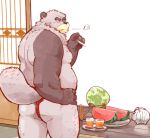  2014 anthro belly butt canine clothing drinks food fruit fundoshi garouzuki humanoid_hands japanese_clothing male mammal melon moobs nipples overweight overweight_male smoking solo tanuki underwear watermelon 