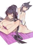  animal_ears ass atago_(azur_lane) azur_lane bangs beach_towel bikini_top black_hair breast_press breasts choker closed_mouth collarbone dutch_angle flower foreshortening hair_flower hair_ornament hair_ribbon large_breasts long_hair looking_at_viewer lying mole mole_under_eye multiple_girls nude on_stomach one_eye_closed parted_lips ponytail red_cucumber ribbon simple_background sitting smile swimsuit takao_(azur_lane) towel very_long_hair white_background white_bikini_top white_neckwear white_ribbon yellow_eyes 