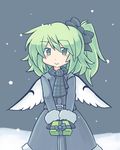  216 :&gt; alternate_costume belt blue_background blush bow box coat commentary_request daiyousei fairy_wings gift gift_box giving green_eyes green_hair hair_bow looking_at_viewer scarf short_hair side_ponytail simple_background smile snow snowing solo touhou wings winter_clothes 