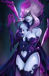  bare_shoulders blue_skin breasts evelynn facial_mark fingernails grey_hair half-closed_eyes heart_cutout hips large_breasts league_of_legends lipstick looking_at_viewer makeup mascara multicolored_hair navel navel_cutout neo-tk.. purple_hair purple_lipstick scythe sharp_fingernails slit_pupils smile thighhighs two-tone_hair watermark yellow_eyes 