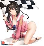  all_fours aori_sora arched_back arm_support ass asymmetrical_legwear bangs barefoot black_hair breasts checkered checkered_flag cleavage closed_mouth eyebrows_visible_through_hair fate/grand_order fate_(series) flag fur-trimmed_hood fur-trimmed_legwear fur_trim holding holding_flag hood hood_down hoodie index_finger_raised ishtar_(fate/grand_order) kneeling large_breasts leg_belt long_hair long_legs panties patreon_logo patreon_username pink_eyes pink_hoodie race_queen simple_background single_thighhigh smile solo thighhighs two_side_up underwear white_background white_panties 