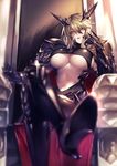  absurdres armor artist_name artoria_pendragon_(all) artoria_pendragon_(lancer_alter) blonde_hair blurry blush boots braid breasts cape chair cleavage commentary_request crossed_legs dark_persona depth_of_field eyebrows_visible_through_hair fate/grand_order fate_(series) gauntlets hand_on_own_cheek high_heel_boots high_heels highres horns kyouya_(mukuro238) large_breasts lips long_hair looking_at_viewer navel open_mouth parted_lips pauldrons red_cape shiny shiny_hair short_hair sitting solo throne underboob yellow_eyes 