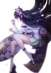  absurdly_long_hair black_hair closed_eyes fox_mask highres le_(huanglongen) long_hair mask mask_on_head onmyoji sandals skirt socks solo very_long_hair white_legwear white_skirt yuki_onna_(onmyoji) 