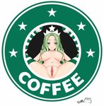  areolae blush breasts clitoris green_eyes green_hair highres large_breasts long_hair looking_at_viewer pussy smile solo spread_legs starbucks starbucks_siren striped striped_legwear thighhighs uncensored 