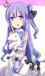  ahoge azur_lane commentary_request detached_sleeves doll_hug dress hair_bun hair_ribbon hebitsukai-san highres long_hair looking_at_viewer off-shoulder_dress off_shoulder parted_lips purple_eyes purple_hair ribbon solo stuffed_alicorn stuffed_animal stuffed_toy unicorn_(azur_lane) white_dress 