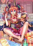  :d bare_shoulders barefoot blue_eyes blush bowl breasts can canned_food chips chopsticks cleavage commentary_request detached_sleeves earrings eating fangs food gold_trim hair_between_eyes hair_bobbles hair_ornament hair_ribbon highres holding holding_bowl holding_chopsticks instant_ramen jam jewelry large_breasts long_hair looking_at_viewer noodles obi open_mouth orange_hair original potato_chips ramen ribbon sash sitting smile snack solo suikakitsu_shiro toes twintails wavy_hair wide_sleeves xia_you_qing 