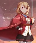  azur_lane blonde_hair blush braid cape character_name french_braid frown gloves highres kapatarou looking_at_viewer prince_of_wales_(azur_lane) red_cape red_eyes saber_(weapon) short_hair sketch solo sword thighhighs weapon white_gloves white_legwear 