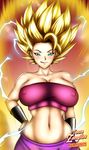  10s 1girl aqua_eyes bare_shoulders blonde_hair breasts caulifla cleavage curvy dragon_ball dragon_ball_super electricity erect_nipples female hair_up hand_on_hip large_breasts looking_at_viewer navel pants saiyan shiny shiny_skin smile solo spiked_hair super_saiyan_2 tensa-zangitsu tongue tongue_out tubetop wristband 