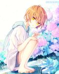  animal_hood barefoot blush brown_hair bunny_hood commentary_request flower full_body goma_(11zihisin) hood hood_down hydrangea looking_at_viewer male_focus original parted_lips rain solo squatting umbrella yellow_eyes 