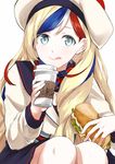  beret blonde_hair blue_eyes blue_hair coffee_cup commandant_teste_(kantai_collection) cup disposable_cup food hat highres holding holding_cup holding_food jacket kantai_collection long_hair long_sleeves morinaga_miki plaid plaid_scarf pom_pom_(clothes) red_hair sandwich scarf simple_background smile solo tongue tongue_out white_background white_hair white_jacket 
