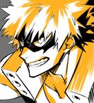  bakugou_katsuki boku_no_hero_academia clenched_teeth close-up commentary_request evil_grin evil_smile grey_background grin highres looking_at_viewer male_focus monochrome simple_background smile solo teeth uniform westxost_(68monkey) yellow 