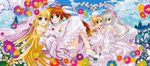  4girls blonde_hair brown_hair clouds couple dress einhart_stratos fate_testarossa flower fujima_takuya green_hair hair_ornament happy heterochromia long_hair lyrical_nanoha mahou_shoujo_lyrical_nanoha mahou_shoujo_lyrical_nanoha_vivid multiple_girls official official_art princess_carry purple_eyes red_eyes sky smile takamachi_nanoha very_long_hair vivio wedding wedding_dress white_dress yuri 