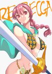  1girl armor artist_request bikini_armor braid breasts cape curvy dressrosa female gladiator large_breasts long_hair looking_at_viewer one_piece pink_hair rebecca_(one_piece) shiny_skin solo sword weapon 