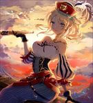  ayase_eli birthday blonde_hair blue_eyes breasts choker cloud cloudy_sky corset detached_sleeves frilled_sleeves frills gem gloves happy_birthday hat hat_feather jewelry kinokohime love_live! love_live!_school_idol_festival love_live!_school_idol_project medium_breasts pirate pirate_hat sitting sky sunset telescope 