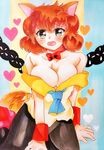  1girl absurdreds animal_ears artist_request bare_shoulders blush boots bowtie breasts brown_hair cleavage collar cuffs fang heart koto_(yuu_yuu_hakusho) large_breasts looking_at_viewer necktie open_mouth shorts tail traditional_media whiskers white_shirt yuu_yuu_hakusho 