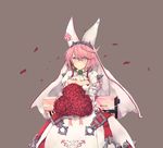  absurdres ahokoo arm_belt bangs belt belt_buckle blue_eyes bouquet bow breasts buckle cleavage cleavage_cutout clover cowboy_shot dress elphelt_valentine flower four-leaf_clover girls_frontline grey_background guilty_gear guilty_gear_xrd gun hairband highres holding holding_bouquet juliet_sleeves large_breasts long_sleeves looking_at_viewer petals pink_hair puffy_sleeves red_flower red_rose rose short_hair shoulder_spikes simple_background smile solo spiked_hairband spikes veil weapon weapon_on_back white_dress 