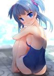  anshinmama ass bare_legs barefoot blue_eyes blue_hair blue_swimsuit blush breasts closed_mouth competition_school_swimsuit day embarrassed from_behind glaring highres large_breasts leg_hug looking_at_viewer looking_back magia_record:_mahou_shoujo_madoka_magica_gaiden mahou_shoujo_madoka_magica minami_rena one-piece_swimsuit outdoors poolside sideboob sitting swimsuit two_side_up wavy_mouth 