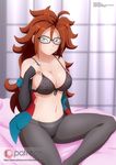  1girl alone android_21 bed bed_sheet bedroom big_hair blue_eyes bra breasts brown_hair curly_hair curvy dragon_ball dragon_ball_fighterz female glasses indoors large_breasts long_hair sitting solo stomach 