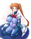  1girl blue_eyes blush breasts covered_navel erect_nipples large_breasts lyrical_nanoha mahou-ya mahou_shoujo_lyrical_nanoha_strikers mahou_shoujo_madoka_magica pregnant skin_tight smile solo takamachi_nanoha 