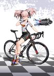  bicycle bike_jersey blush bow breasts checkered checkered_floor fingerless_gloves full_body gloves ground_vehicle hair_bow high_heels highres hitomi_kazuya idolmaster idolmaster_cinderella_girls jougasaki_mika looking_at_viewer medium_breasts one_eye_closed pink_hair shoes sitting smile solo twintails v v_over_eye yellow_eyes 