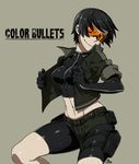  belt bike_shorts black_hair color_bullets commentary_request copyright_name danielle_redford_(kamezaemon) highres jacket kamezaemon midriff military_jacket navel one_eye_closed original pouch short_hair simple_background solo sunglasses 