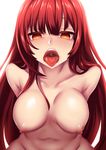  breasts crimson_avenger_(elsword) elesis_(elsword) elsword fi-san from_above highres long_hair looking_at_viewer medium_breasts nipples nude open_mouth red_eyes red_hair simple_background solo tongue tongue_out 