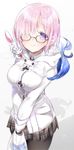  absurdres alternate_costume blush breasts coat fate/grand_order fate_(series) fou_(fate/grand_order) glasses hair_over_one_eye highres large_breasts lawson mash_kyrielight pantyhose plaid purple_hoodie short_hair sino_(sionori) skirt smile solo v_arms white_background winter_clothes 