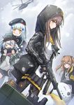  4girls aircraft anger_vein armband bad_id bad_pixiv_id bangs beret black_legwear blue_hair blush brown_hair closed_mouth commentary cowboy_shot g11_(girls_frontline) girls_frontline gun hair_ornament hat helicopter highres hk416_(girls_frontline) holding holding_gun holding_weapon hood hoodie jacket kong_(ksw2801) long_hair long_sleeves looking_at_viewer military military_uniform miniskirt multiple_girls open_clothes open_hoodie open_jacket pantyhose parted_lips red_eyes rifle skirt snowing snowman two_side_up ump45_(girls_frontline) ump9_(girls_frontline) uniform wavy_mouth weapon x_hair_ornament yellow_eyes 