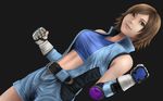  belt blue_bra bra breasts brown_eyes brown_hair center_opening clenched_hands fingerless_gloves gloves highres jumpsuit kazama_asuka large_breasts mr_color_way short_hair smile solo sports_bra tekken underwear unzipped 