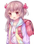 arms_at_sides backpack bad_id bad_pixiv_id bag bag_charm bangs blush brown_eyes brown_hair candy charm_(object) collarbone commentary_request drawstring eyebrows_visible_through_hair food hair_ribbon heart highres hood hood_down jacket key lollipop long_hair looking_at_viewer multicolored multicolored_clothes multicolored_jacket open_mouth original pink_skirt pocket purple_shirt randoseru red_ribbon ribbon shirt simple_background skirt solo tsuruse two_side_up white_background 